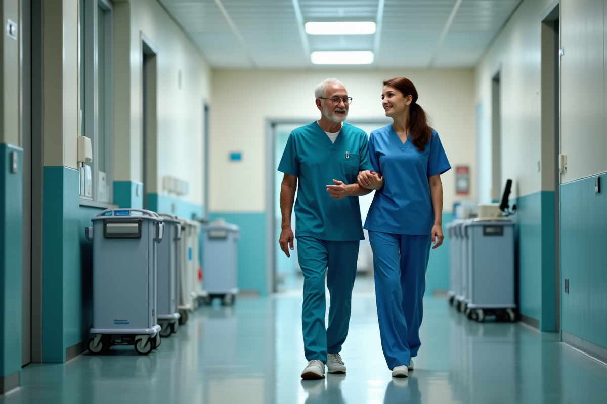 Infirmière aidant un patient âgé dans un couloir d'hôpital