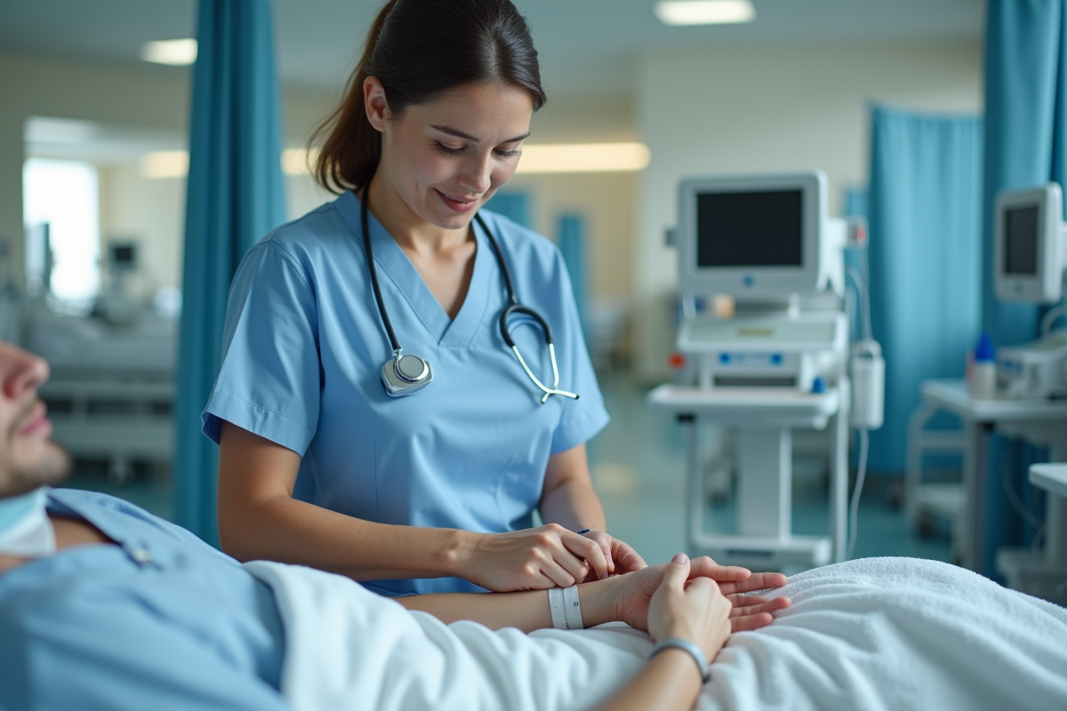 Infirmière en blouse vérifiant une ligne intraveineuse