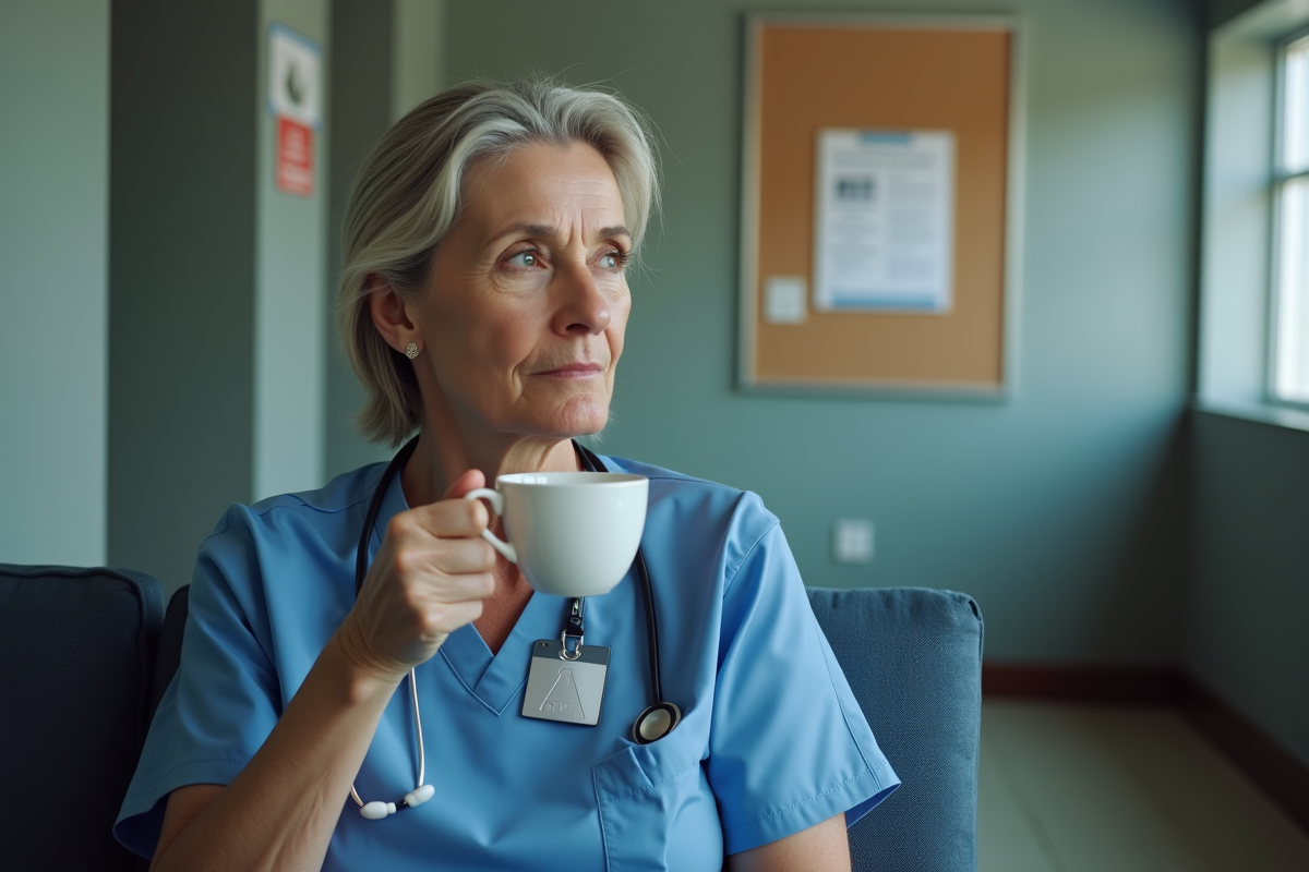 Infirmière en blouse bleue dans un salon hospitalier