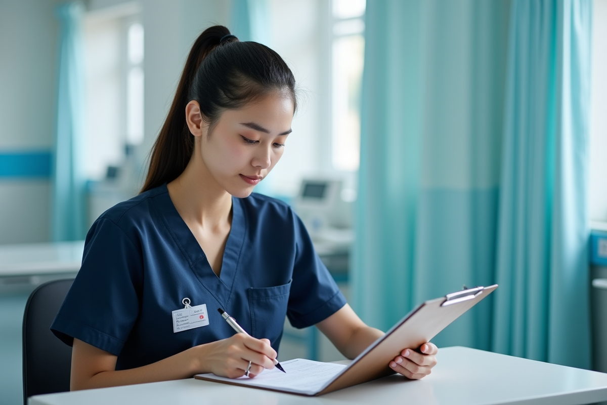 Infirmière en blouse bleue prenant des notes dans un hôpital