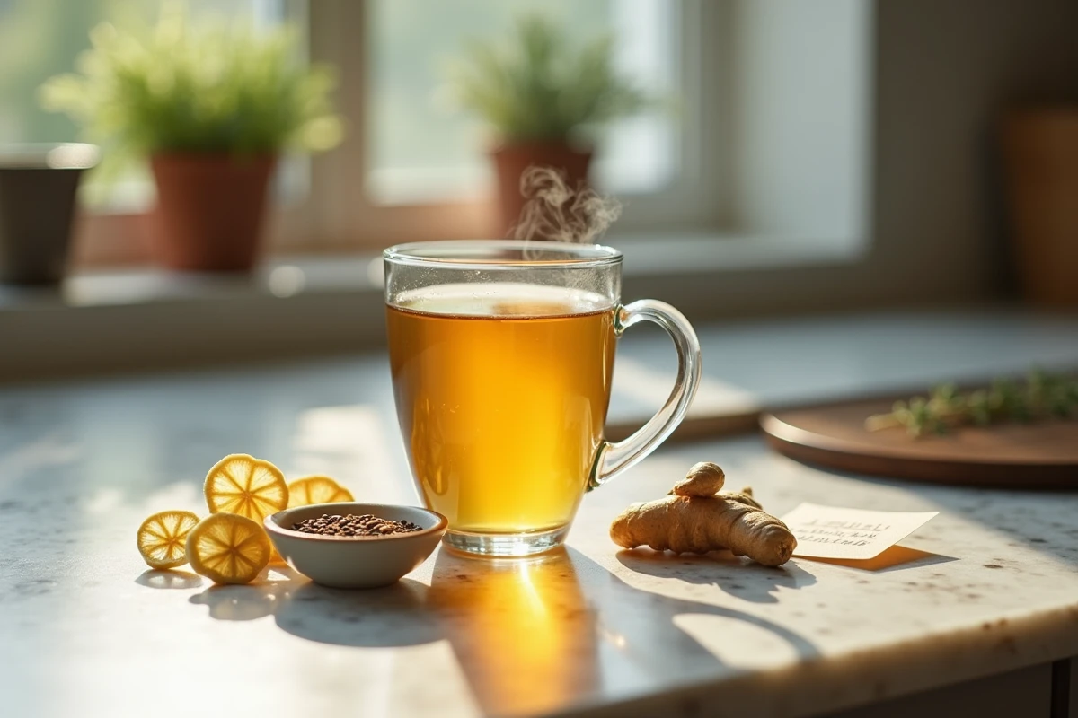 Infusion de plantes médicinales à la camomille et au gingembre, remède naturel contre le reflux gastrique