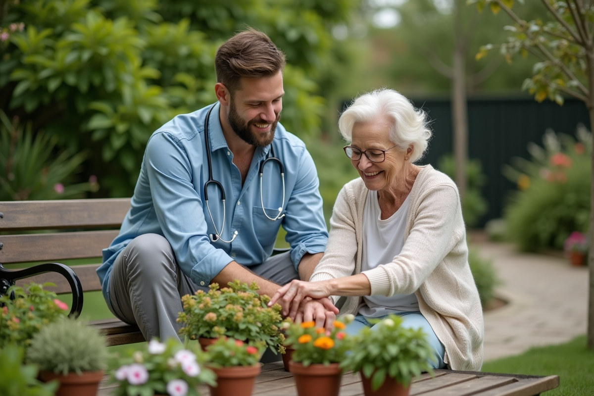 Jeune homme aidant une femme âgée dans un jardin