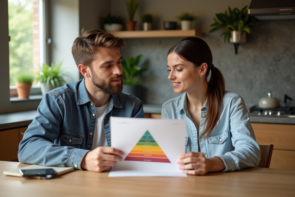 Jeune homme et femme discutant d'un diagramme santé triangle