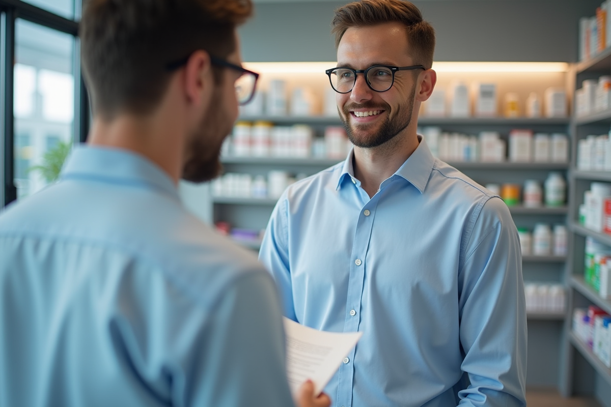 Jeune belge consulte un pharmacien dans une pharmacie moderne