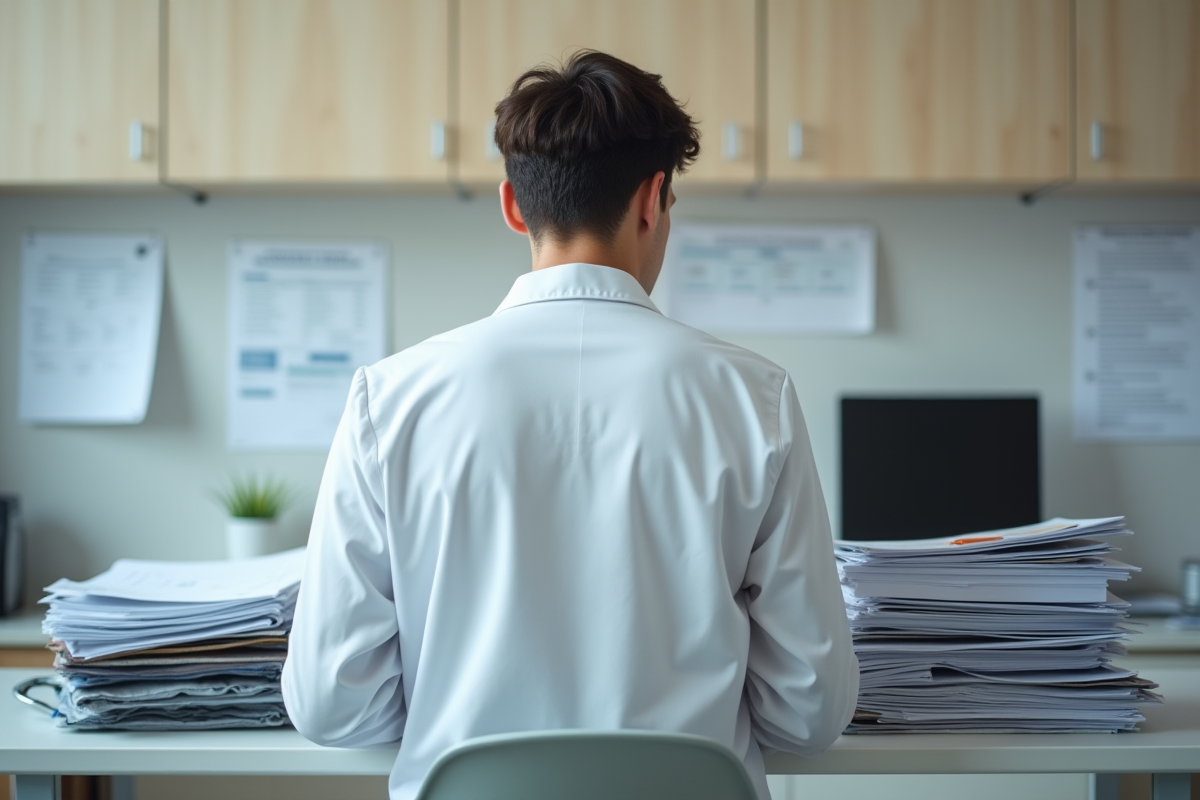 Jeune dermatologue regarde des dossiers dans un cabinet moderne