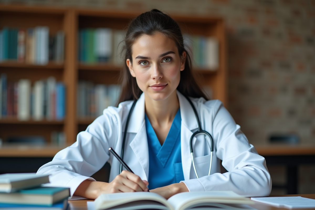 Étudiante en médecine concentrée à la bibliothèque