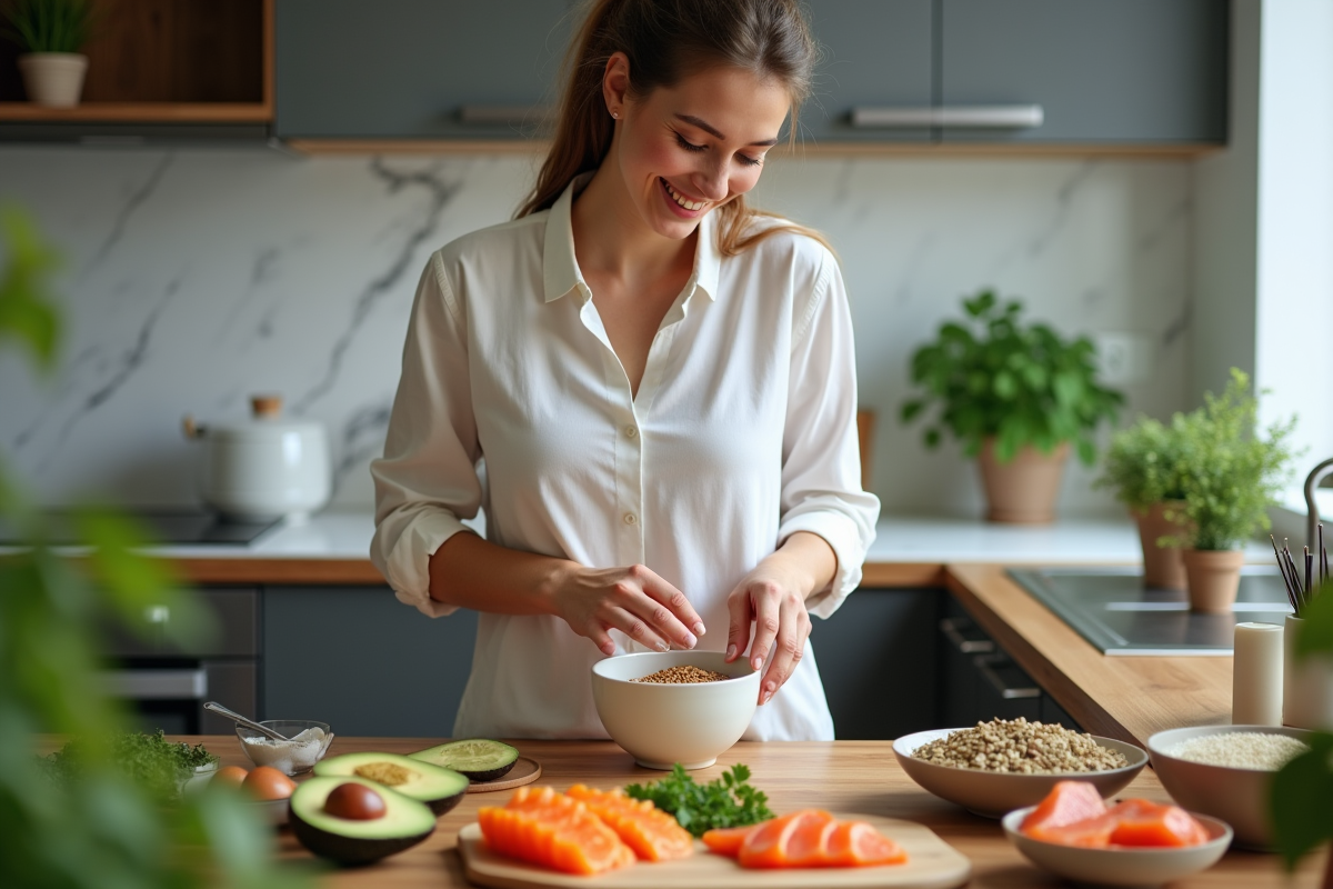 Jeune femme arrangeant des aliments sains colorés dans la cuisine