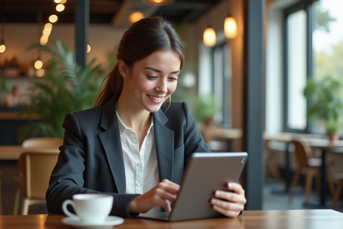 Jeune femme comparant des applications de rendez-vous au café