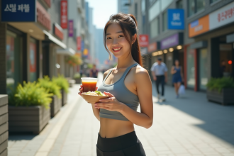 Jeune femme coreenne souriante avec un bol de riz sain