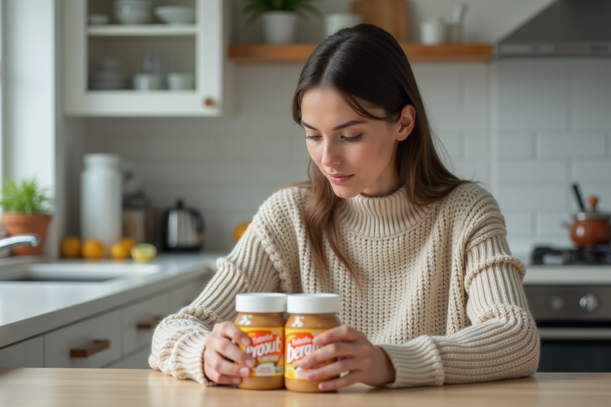 Jeune femme examine attentivement des étiquettes alimentaires