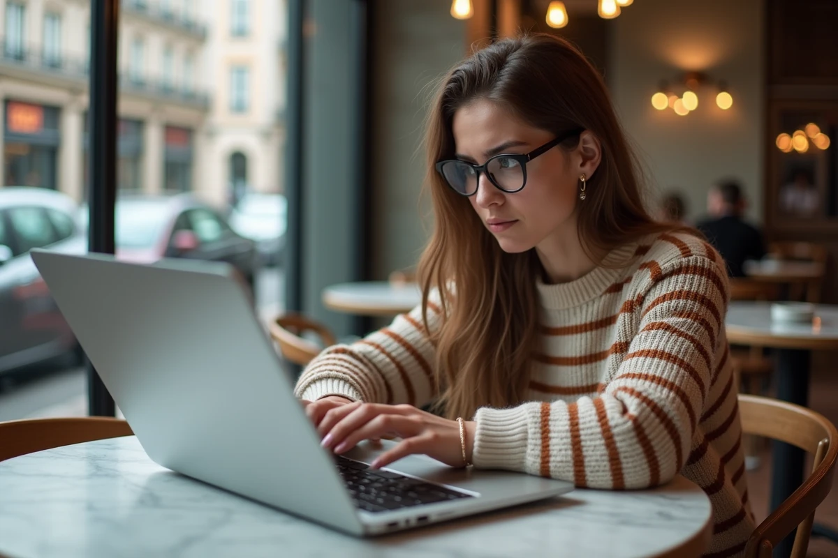 Jeune femme recherchant l'adresse correcte de la CPAM Nanterre 92 sur son ordinateur portable dans un café