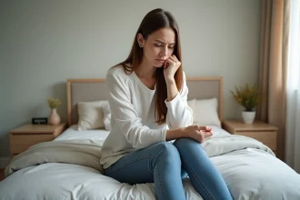 Jeune femme pensant assise sur le lit dans une chambre moderne