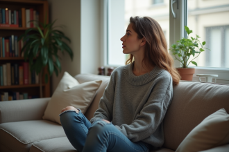 Jeune femme assise sur un canapé dans un intérieur moderne