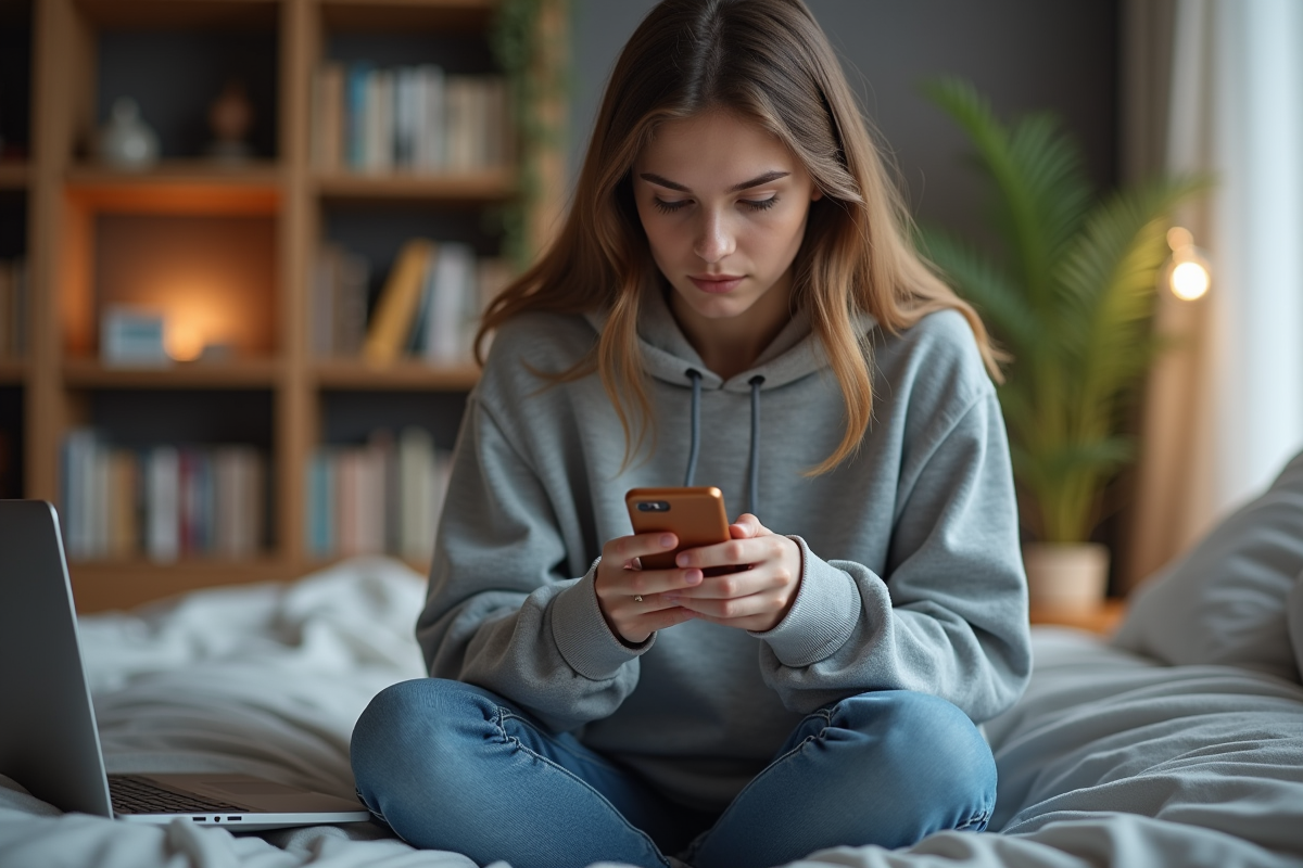 Jeune femme concentrée sur son smartphone dans sa chambre moderne