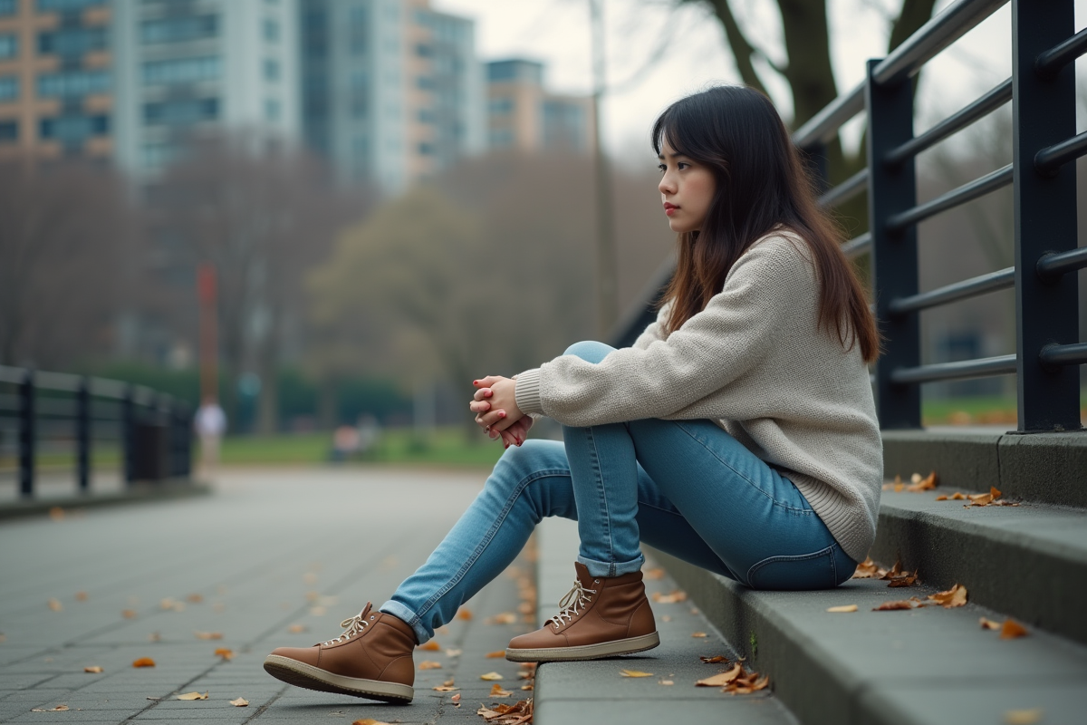 Jeune femme en jeans assise sur un escalier extérieur