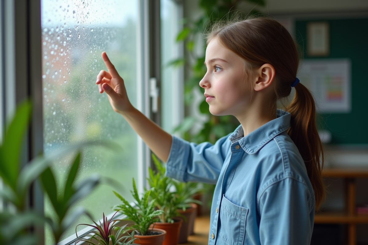 Jeune fille examinant la condensation sur la vitre en classe