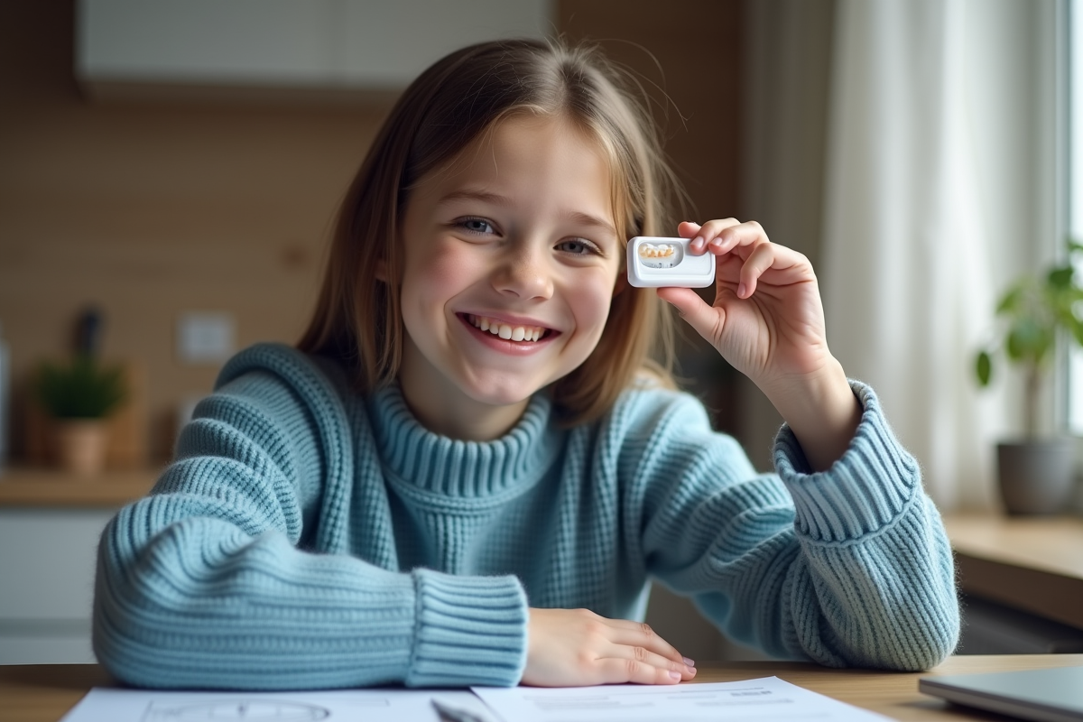 Jeune fille souriante avec un aligneur dentaire en main