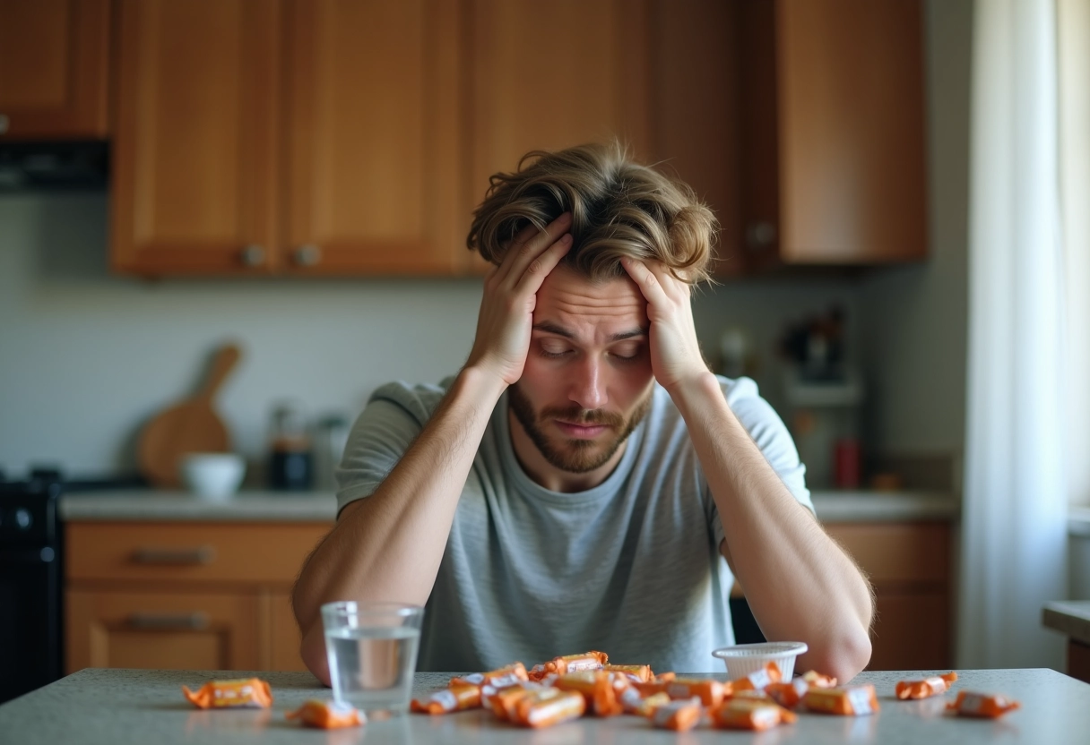 Jeune homme fatigué dans une cuisine avec bonbons et eau