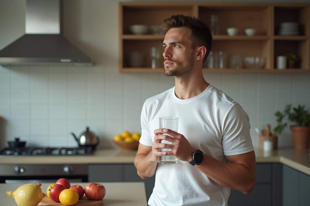 Jeune homme en tenue sportive tenant une bouteille d'eau dans une cuisine moderne