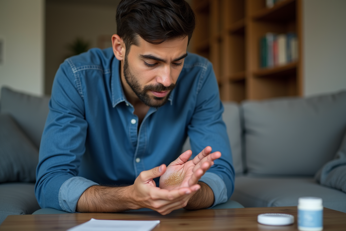 Jeune homme examine une plaque de psoriasis sur sa main