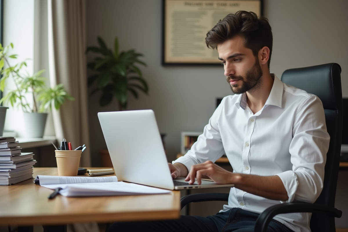 Jeune homme lisant un document legal dans un bureau moderne