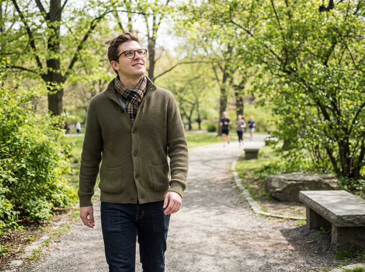 Jeune homme avec lunettes dans un parc au printemps