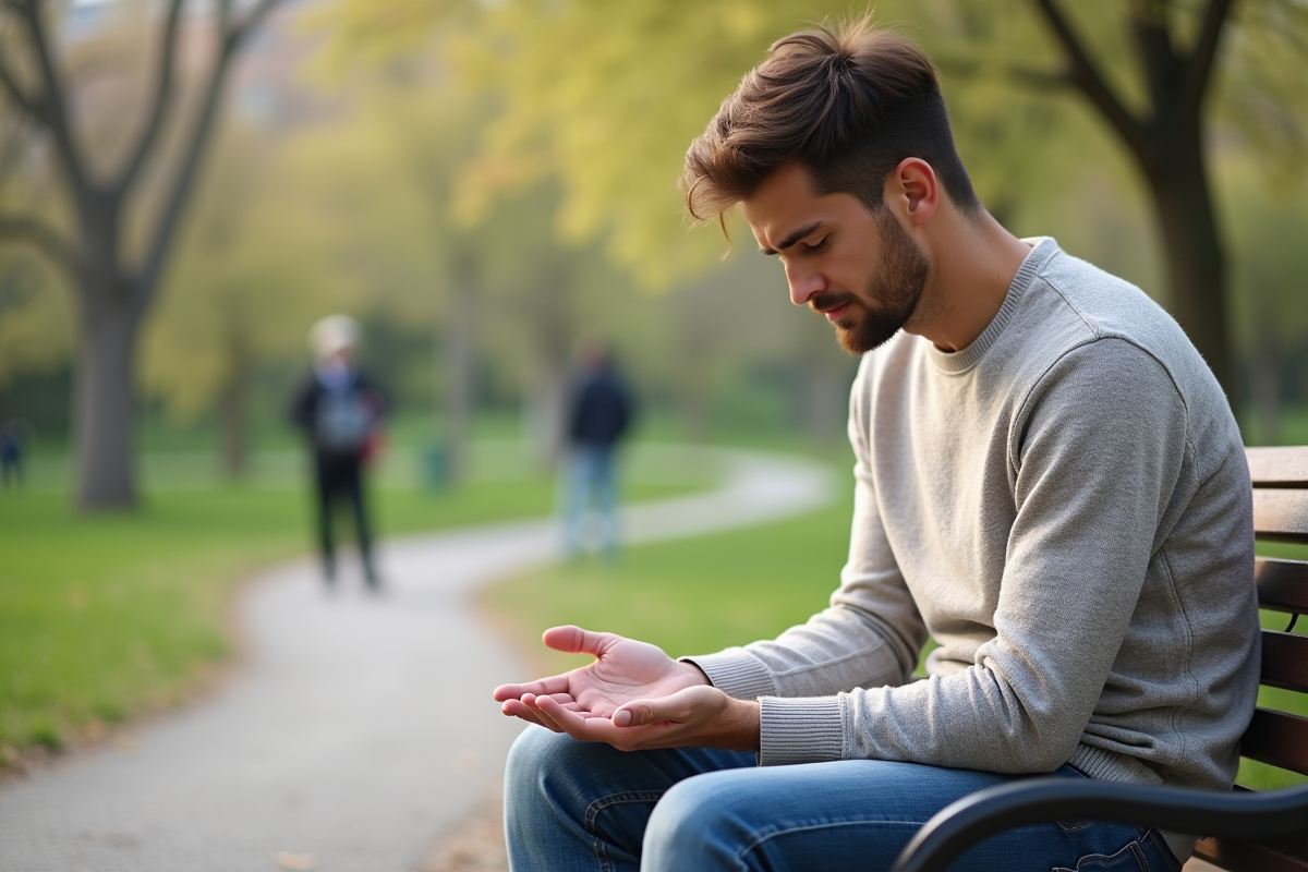 Jeune homme en plein air observant une lésion cutanée sur sa main