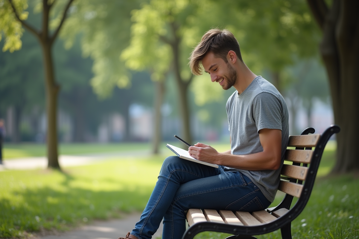 Jeune homme assis sur un banc de parc en réflexion
