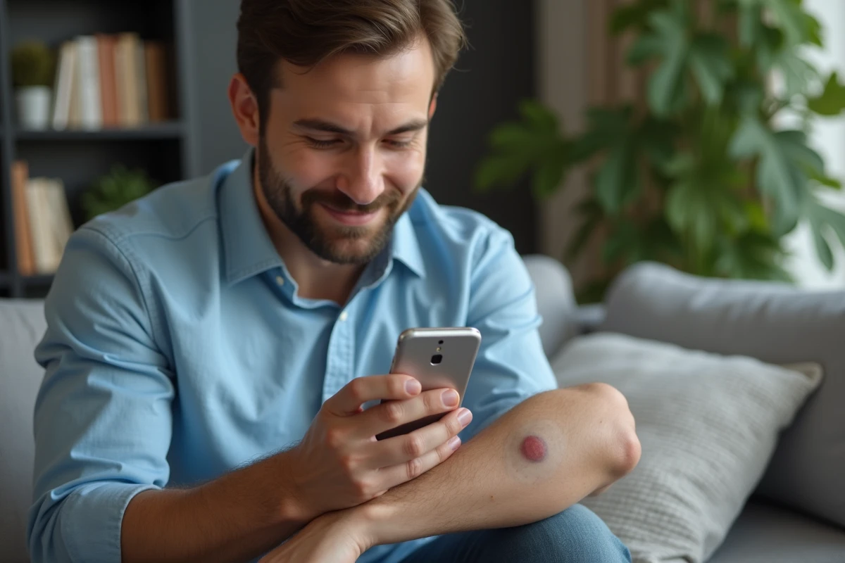 Jeune homme prenant en photo une lésion cutanée chez lui