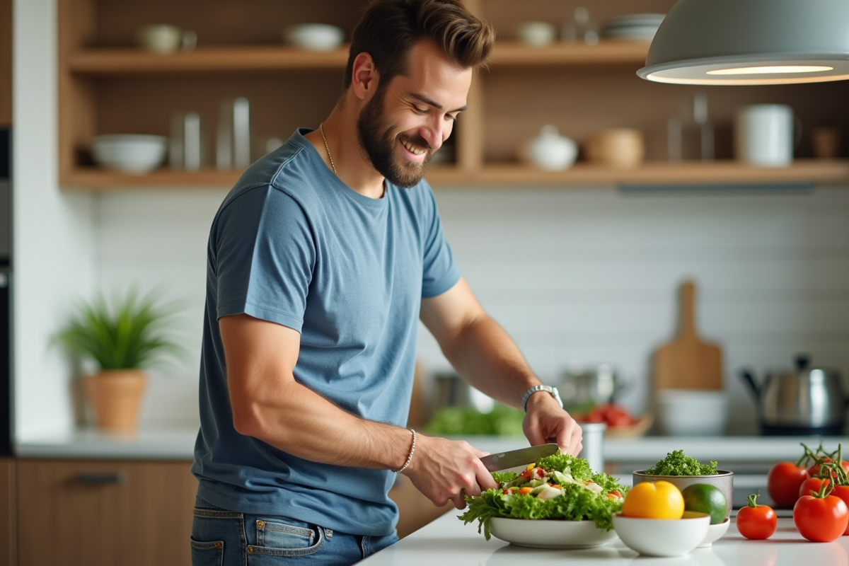 Jeune homme préparant une salade dans une cuisine