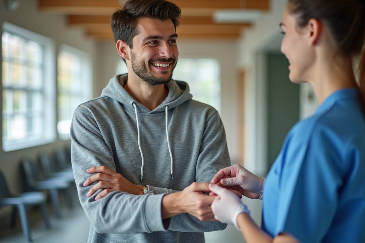 Jeune homme recevant un bandage par une infirmière