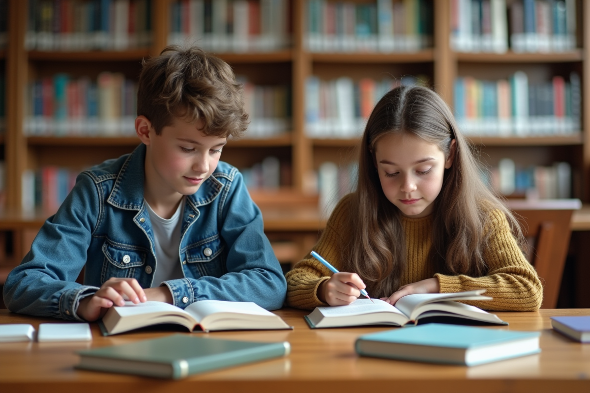 Adolescents lisant à la bibliothèque scolaire