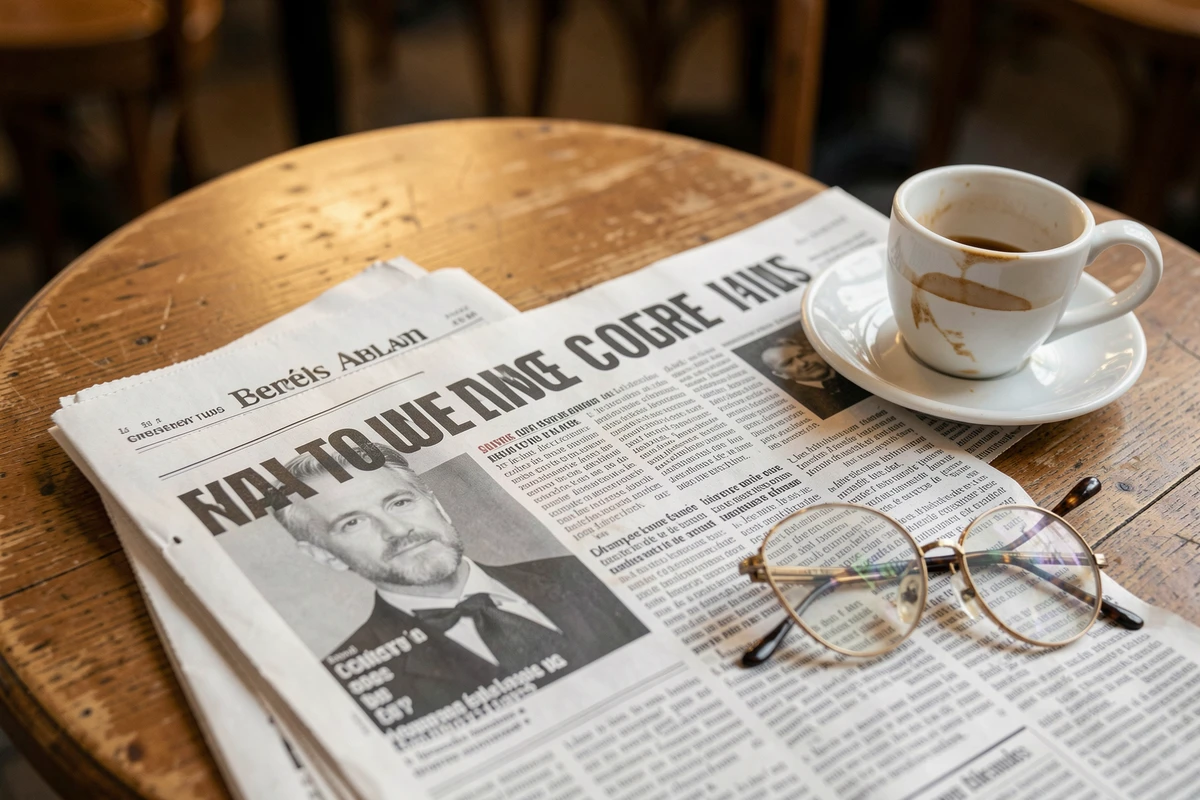 Journal français ouvert sur une table de café avec une tasse d'espresso et des lunettes, une une de presse en gros plan