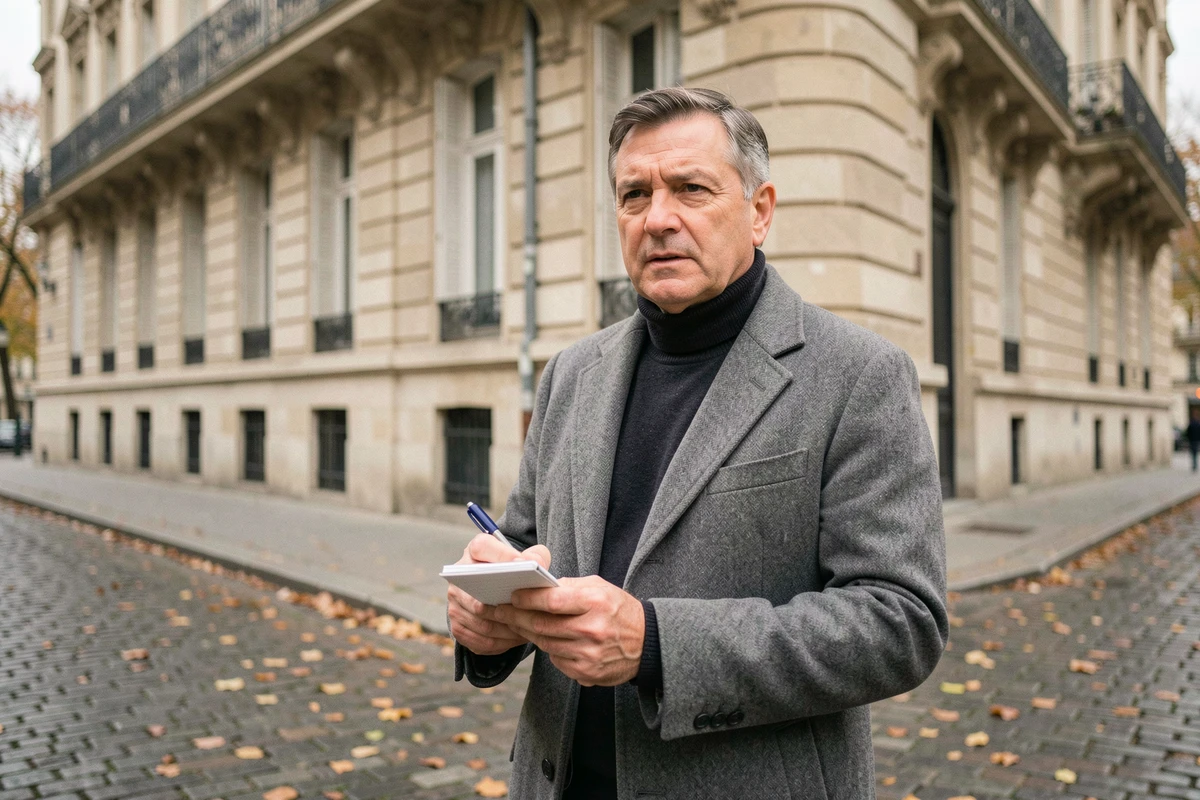Journaliste devant un immeuble haussmannien parisien tenant un carnet, atmosphère reportage presse