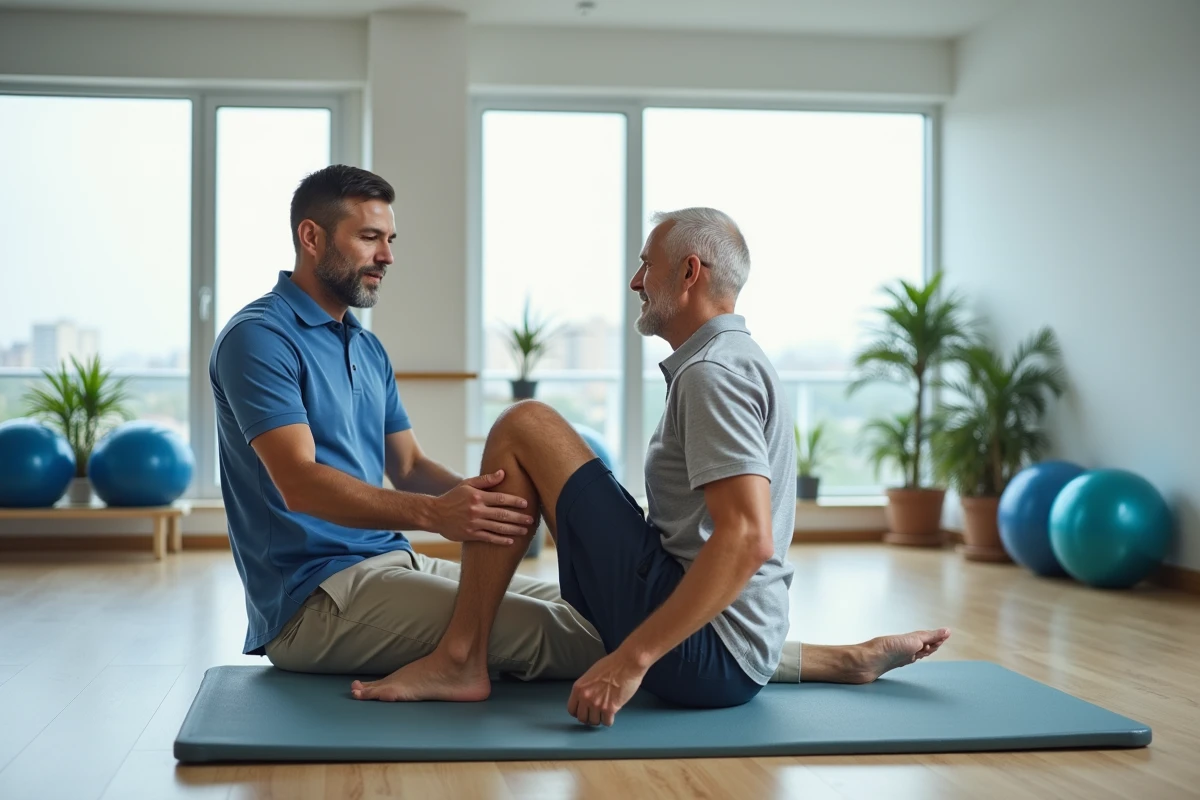Kinésithérapeute montrant un exercice au patient âgé