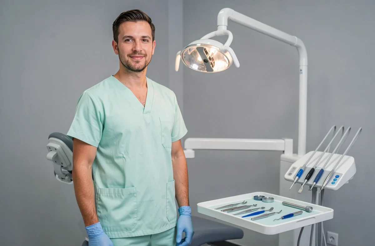 Praticien dentaire Klipfel Bastien en tenue professionnelle dans son cabinet dentaire à Nancy