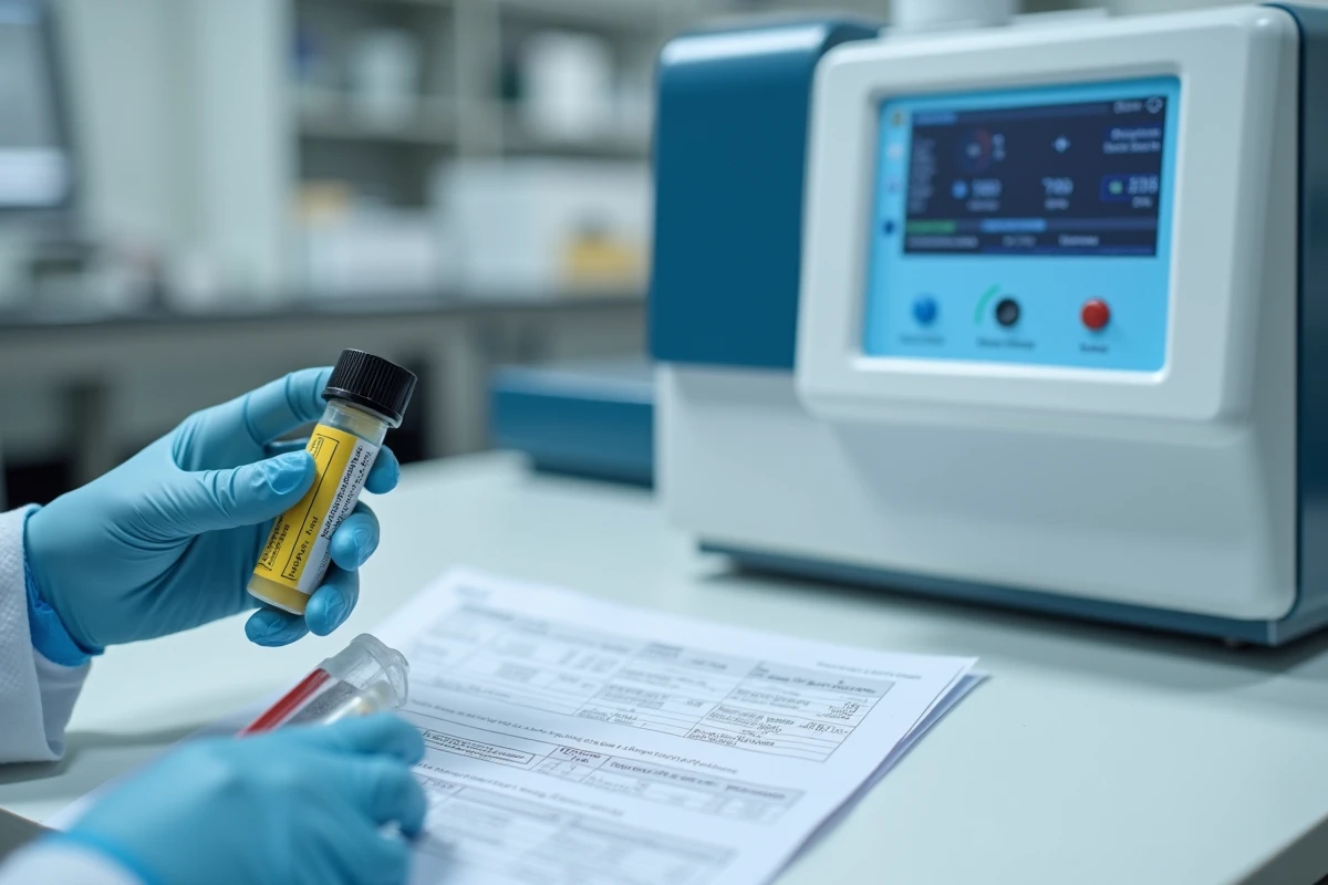 Technicien de laboratoire analysant un échantillon urinaire pour détecter une microalbuminurie