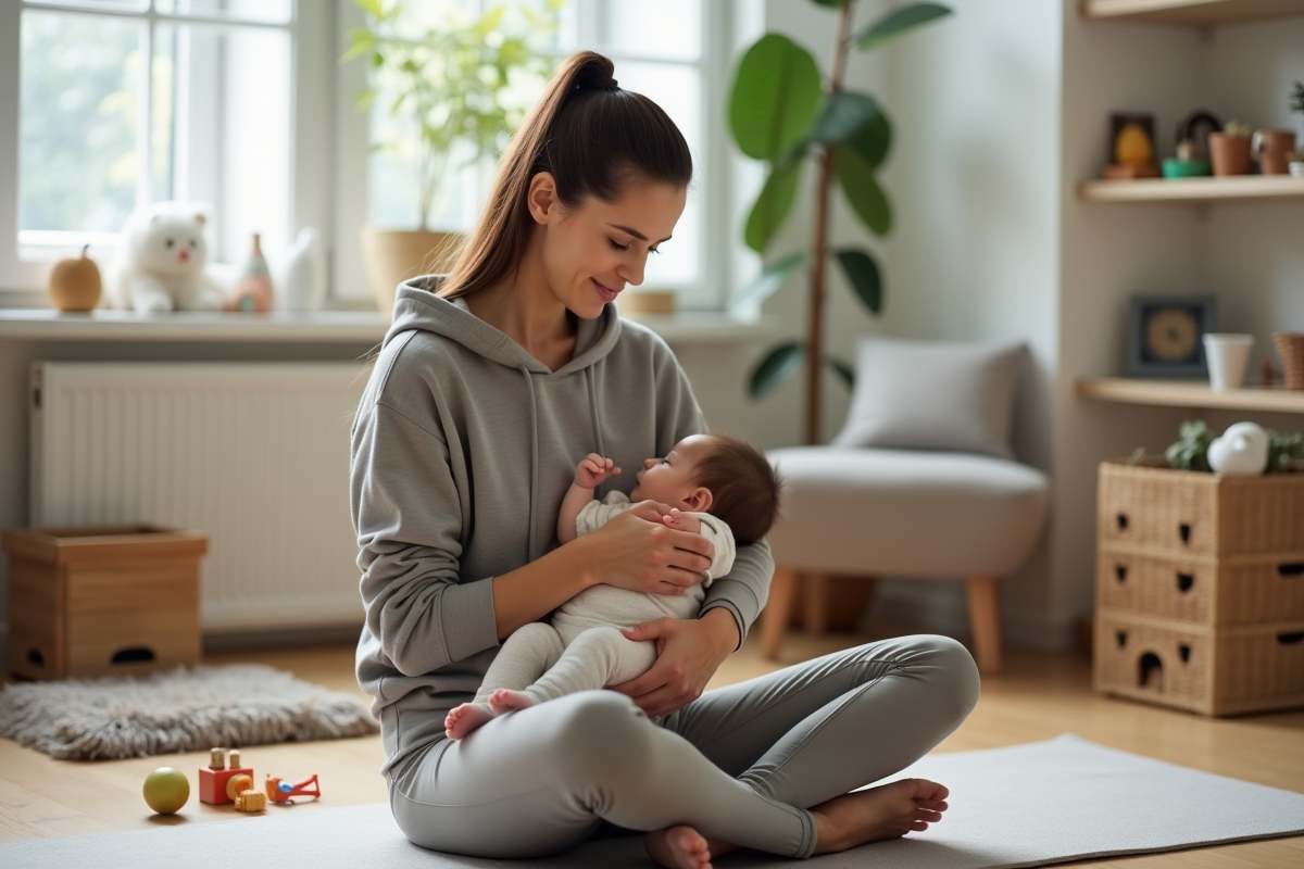Femme allaitant son bébé dans un salon cosy