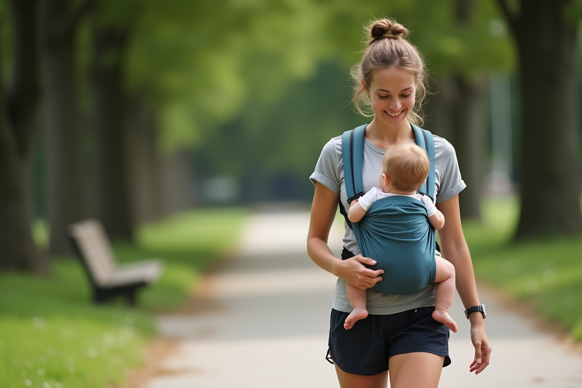 Jeune mère avec bébé en sling dans un parc