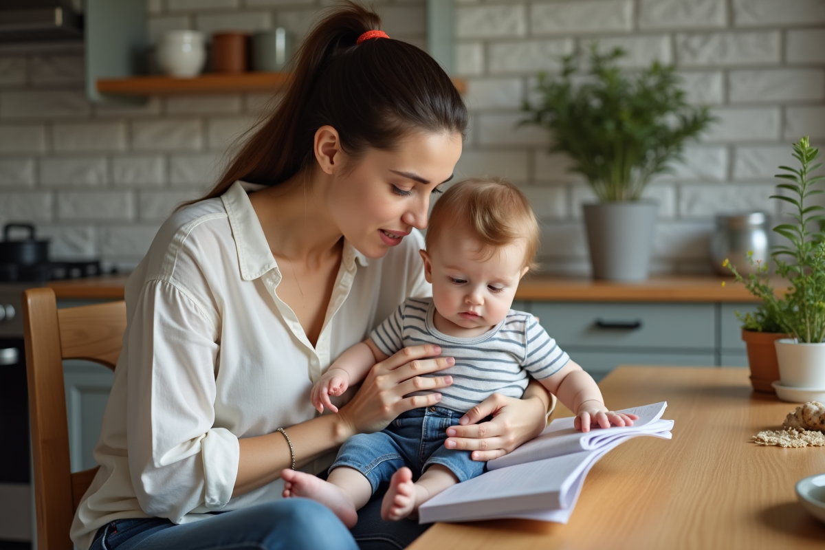 Maman jeune avec bébé dans la cuisine chaleureuse