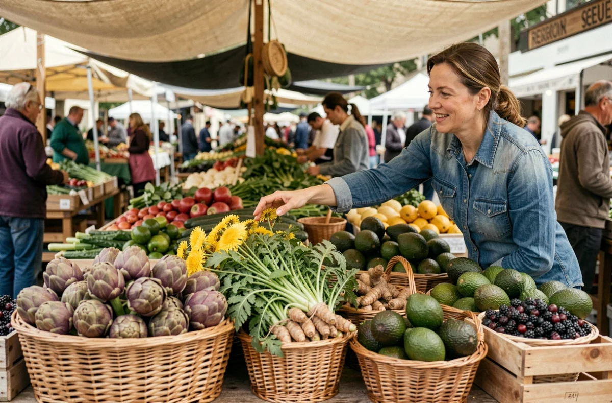 Étal de marché fermier avec des aliments bénéfiques pour le foie comme les artichauts, les baies et le curcuma, pour réduire une GGT élevée