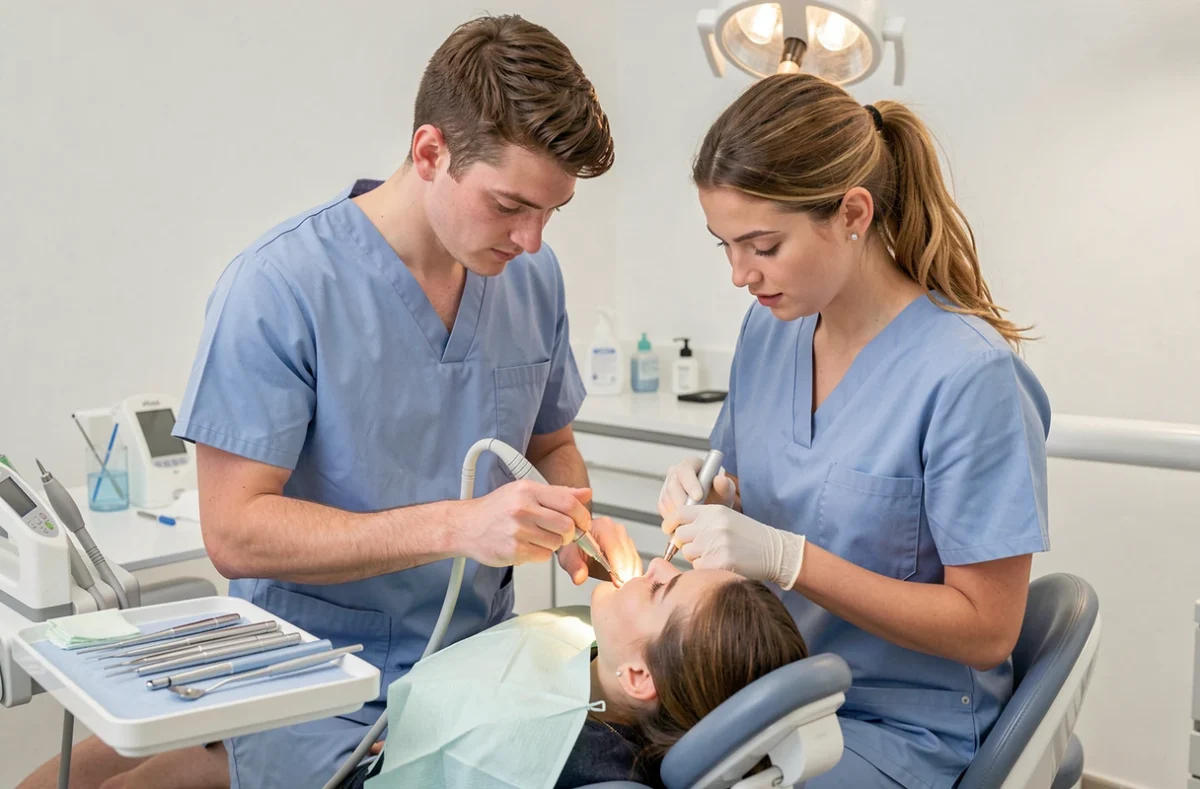 Deux jeunes dentistes travaillant ensemble sur un patient dans un cabinet dentaire à Saint-Max