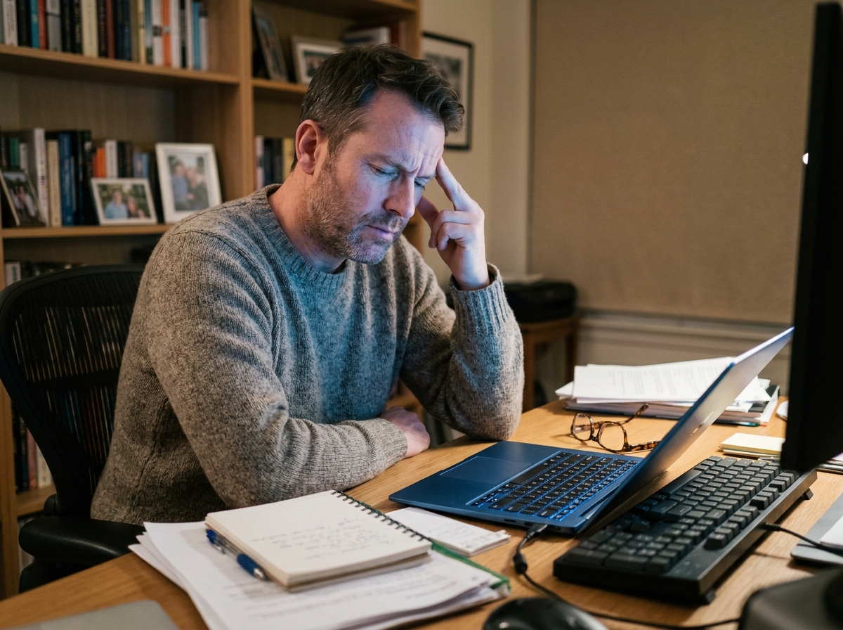 Homme d'âge mûr souffrant de maux de tête devant son ordinateur portable, avec ses lunettes posées à côté du clavier, illustrant la fatigue visuelle