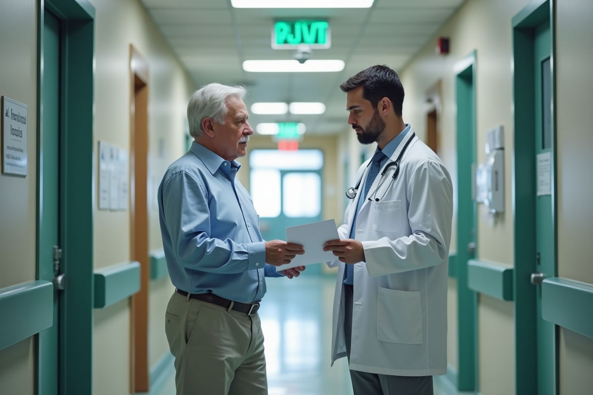 Médecin et patient discutant dans un couloir d