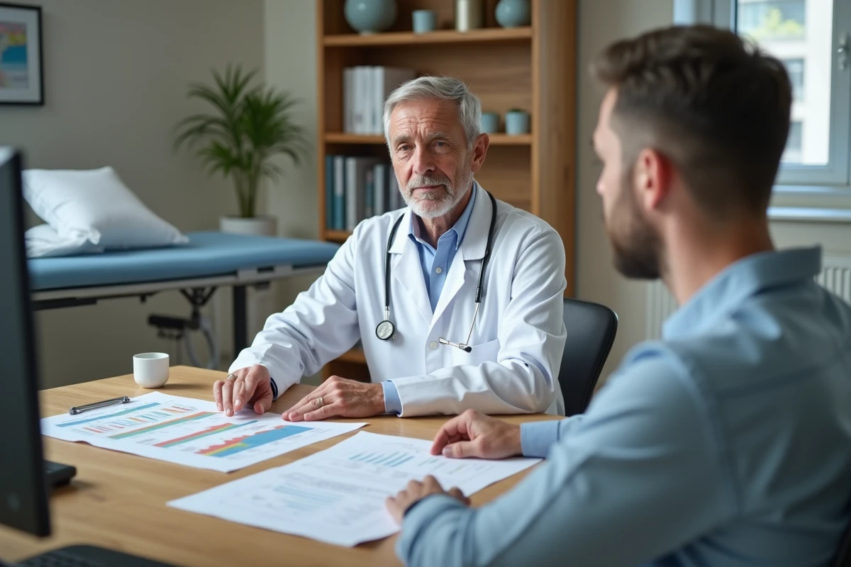 Médecin consultant un patient masculin sur les nouvelles recommandations médicales liées à la perte de poids et aux douleurs musculaires