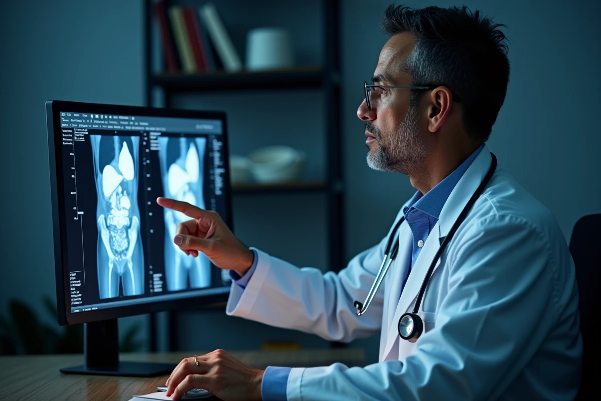 Gastro-entérologue examinant une échographie abdominale pour évaluer les risques liés à la maladie de Gilbert et au cancer