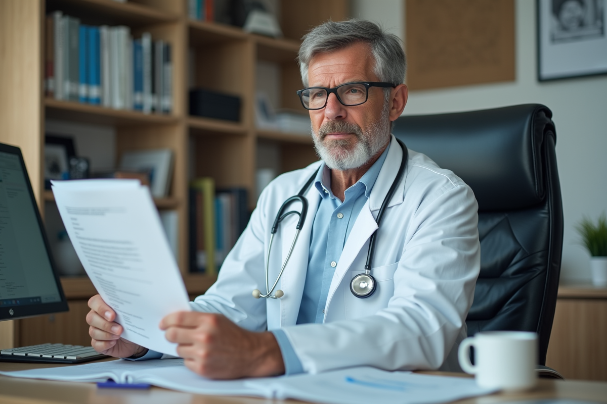 Médecin généraliste en bureau avec stethoscope et dossier