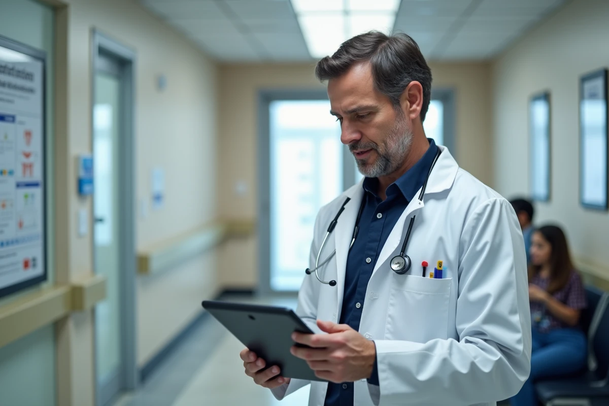 Médecin généraliste consultant un tableau de bord de gestion des flux de patients sur une tablette dans un couloir de cabinet médical