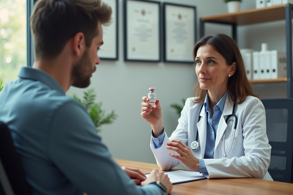 Medecin en blanc expliquant vaccination à un jeune homme