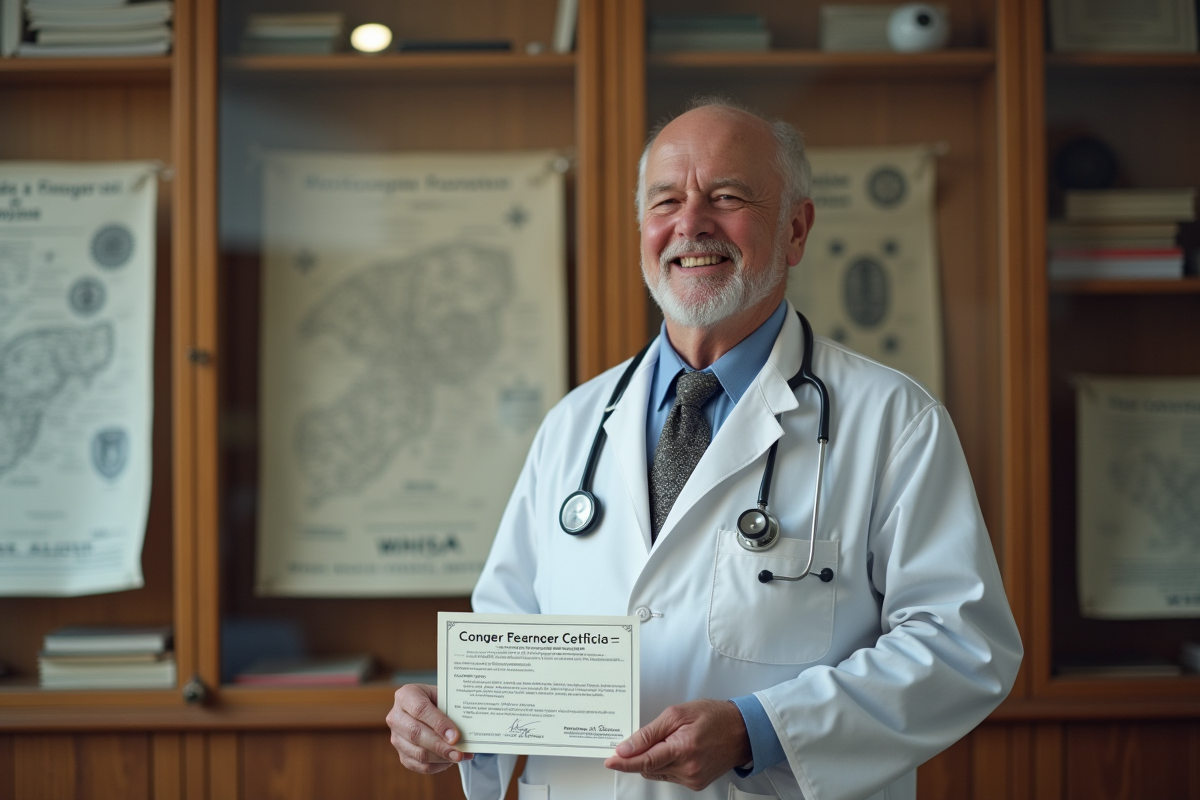 Médecin âgé tenant un certificat de l'OMS dans un bureau historique
